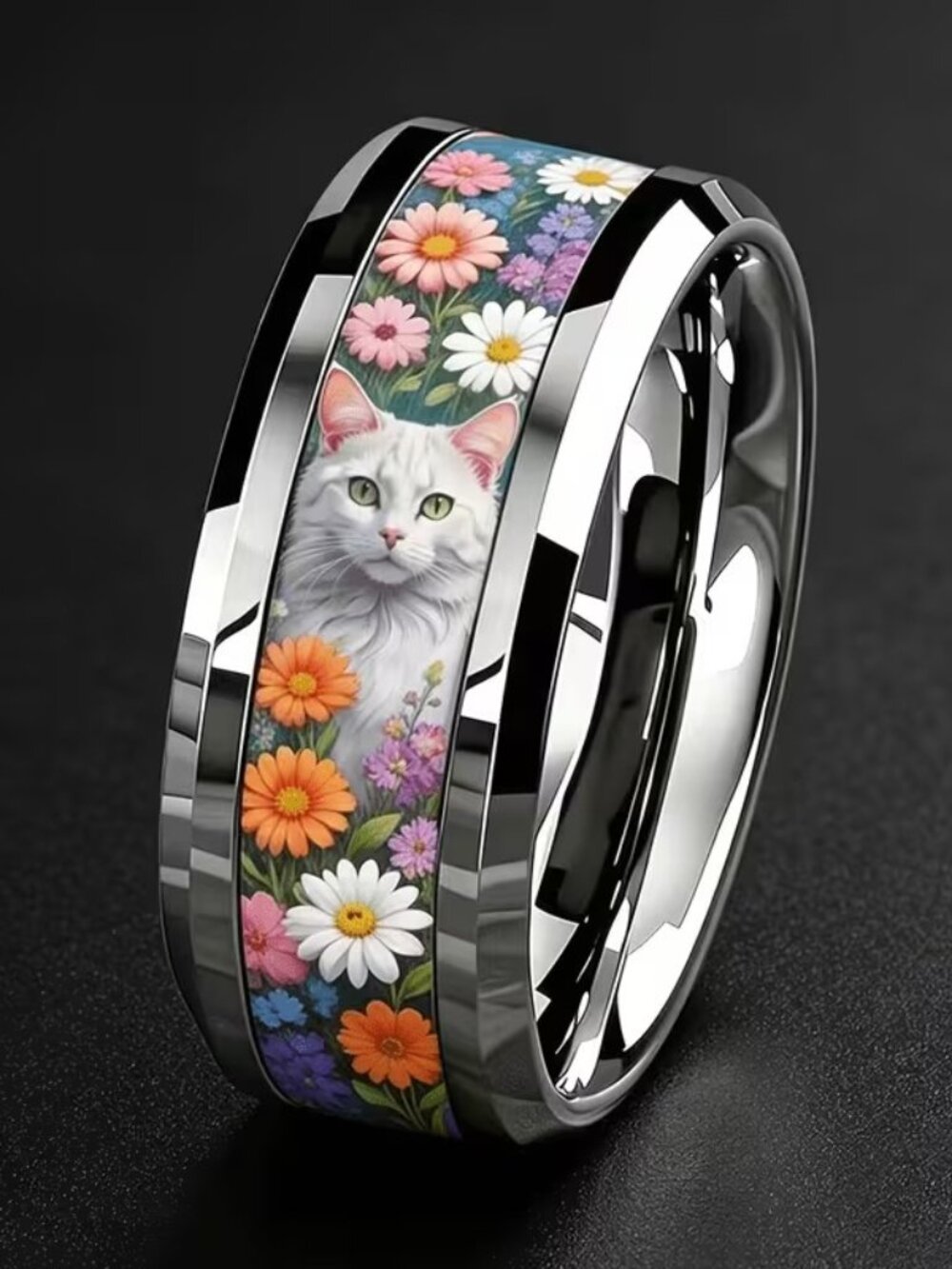 Silver Stainless Steel WHITE CAT Band Ring Size 7
